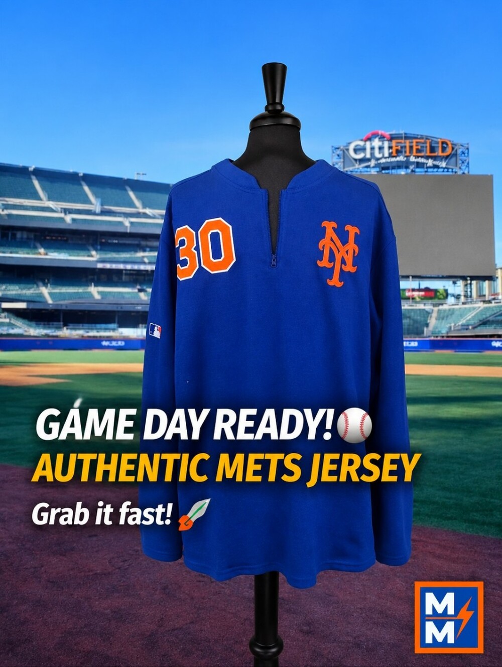 NY METS Majestic Royal Blue Long Sleeve Pullover with Orange Accents